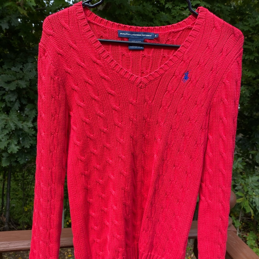 Ralph Lauren Red Cable-Knit V-Neck Cotton Sweater